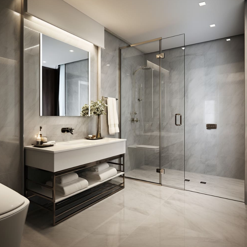 Baño escandinavo moderno con iluminación cálida y madera clara, estilo nórdico acogedor.”