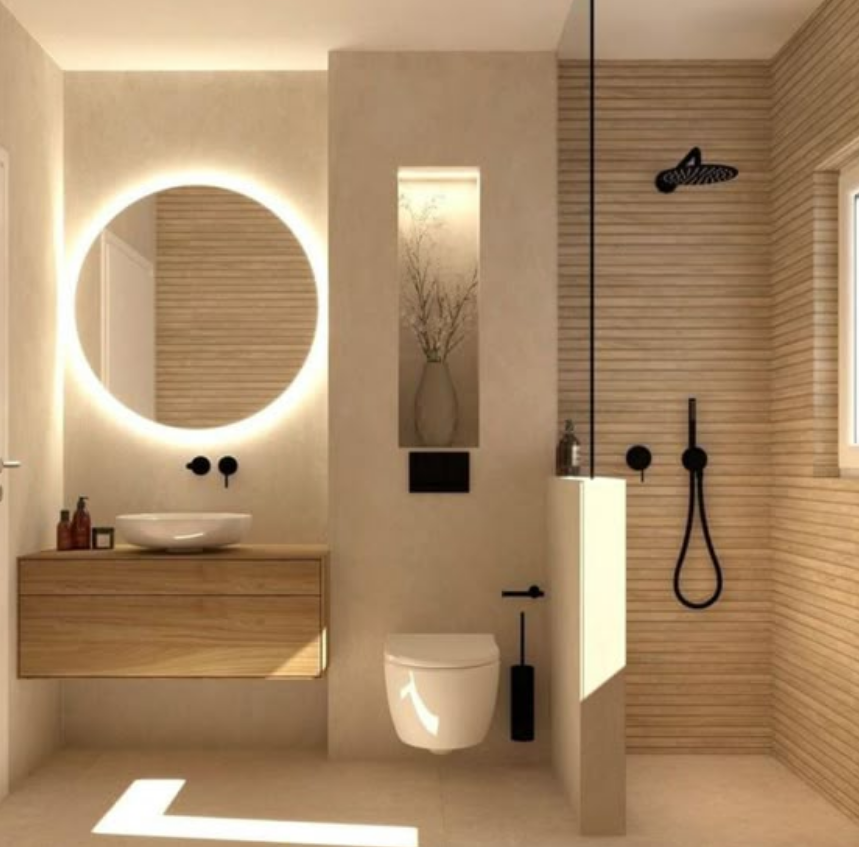 Baño escandinavo moderno con iluminación cálida y madera clara, estilo nórdico acogedor.”