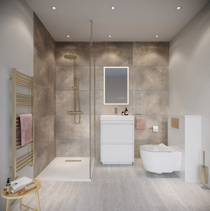 Baño escandinavo moderno con iluminación cálida y madera clara, estilo nórdico acogedor.”