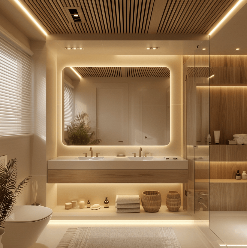 Baño escandinavo moderno con iluminación cálida y madera clara, estilo nórdico acogedor.”